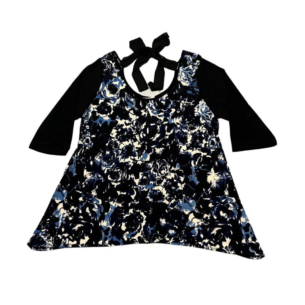 Lavish Plus Blue Black Asymmetrical Hem 3/4 Sleeve Bow Back Blouse Size 3X NWT
